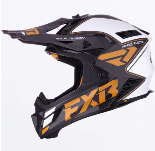 Load image into Gallery viewer, קסדה לאופנוע שטח/טרקטורון אפ איקס אר שחור/זהב/לבן קרבון FXR Helium Carbon 2026 22.06