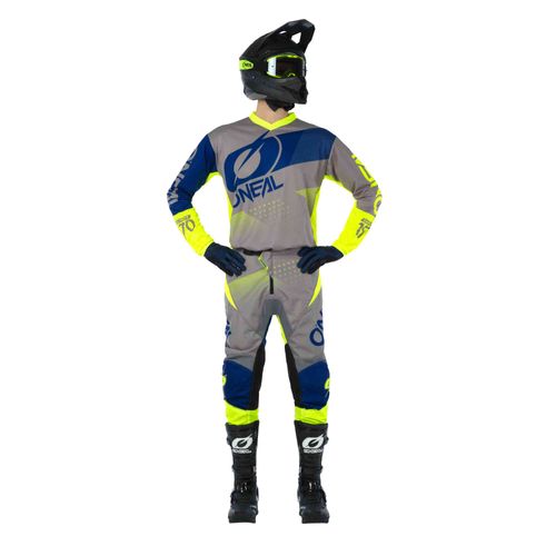 Load image into Gallery viewer, חליפת רכיבה לאופנוע שטח/טרקטורון אוניל אפור/כחול/צהוב ONEAL Element Factor