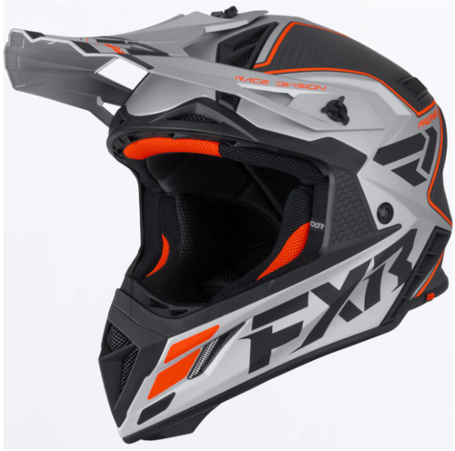 Load image into Gallery viewer, קסדה לאופנוע שטח/טרקטורון אפ איקס אר שחור/כתום/כסוף קרבון FXR Helium Carbon 2026 22.06